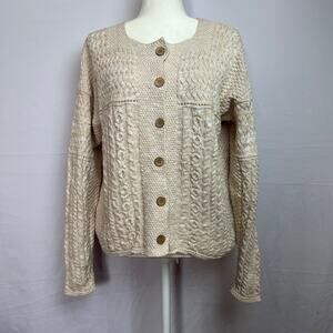 Coastal Classic Ella Simone Linen Cotton Cardigan Tan Beige Cable Knit Cottage M